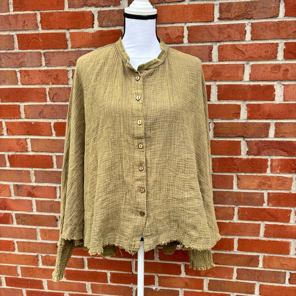 Oli & Hali Green Gauze Button Down Batwing Sleeve Oversized Top Womens Small